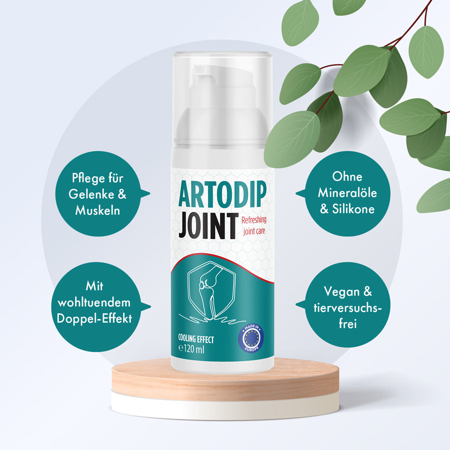 Artodip Joint Gel Flasche mit Hinweisen zu Pflege vegan und ohne Mineralöle