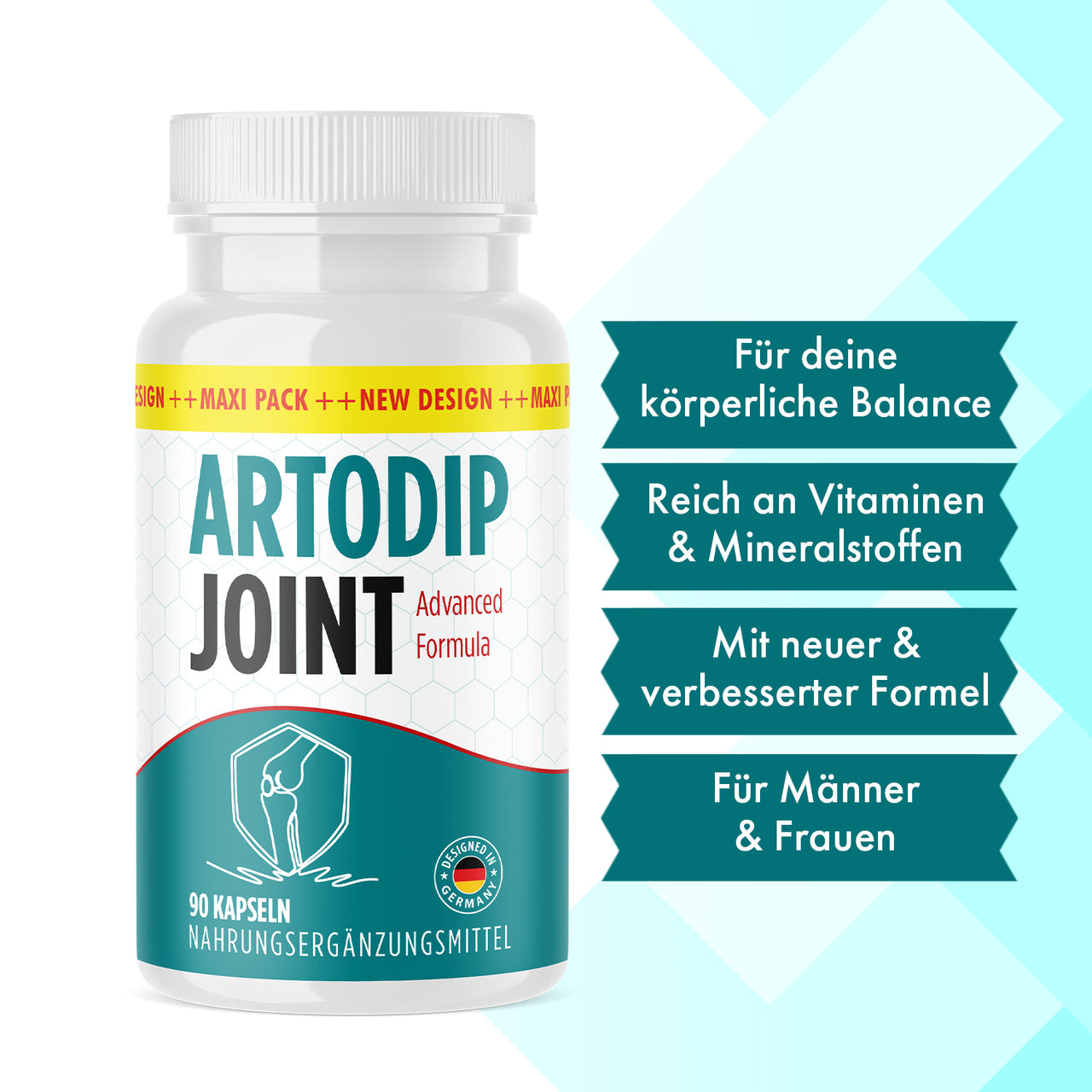 Artodip Joint Advanced Formula Dose mit Hinweisen zu Vitaminen Mineralstoffen und neuer Formel