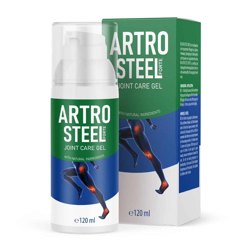 Flasche mit Pumpspender und grün-blauem Etikett Artro Steel Forte Joint Care Gel 120 ml vor passender Faltschachtel