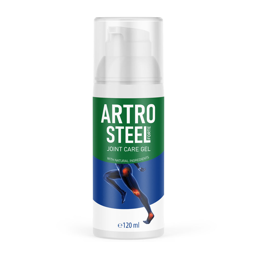 Flasche mit Pumpspender und grün-blauem Etikett Artro Steel Forte Joint Care Gel 120 ml