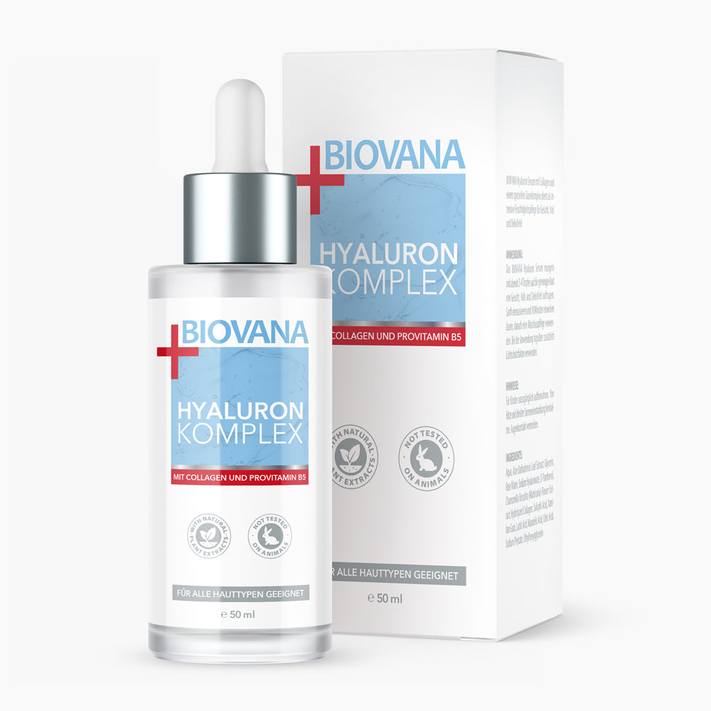 Biovana Flasche mit Pipette und Box Hyaluron Komplex mit Collagen und Provitamin B5