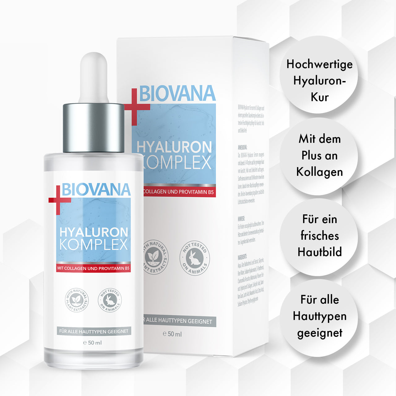 Produktbild von BIOVANA Hyaluron Komplex Serum 50 ml mit Pipette, Box und Hautpflege-Hinweisen