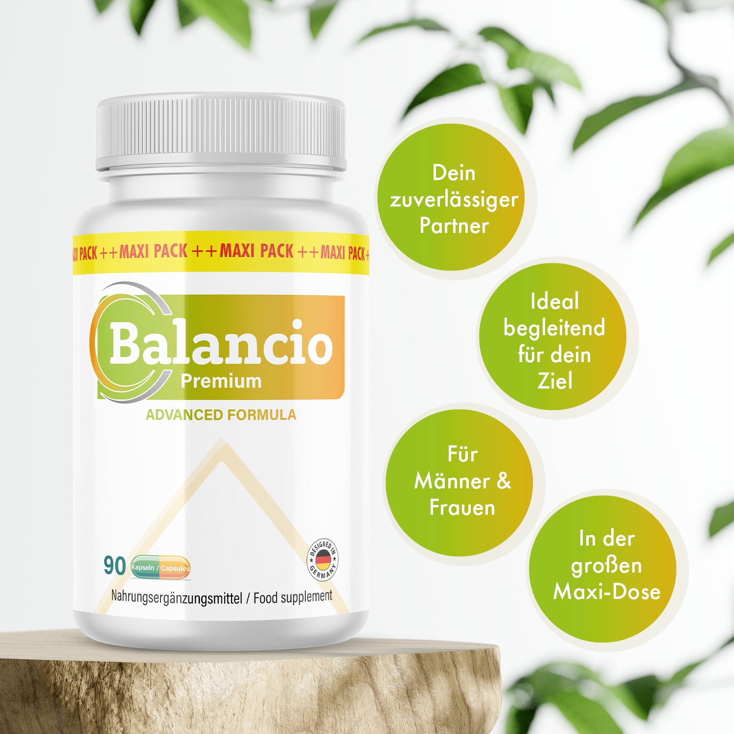 Balancio Premium Advanced Formula Maxi Dose with 90 capsules and green informational graphics