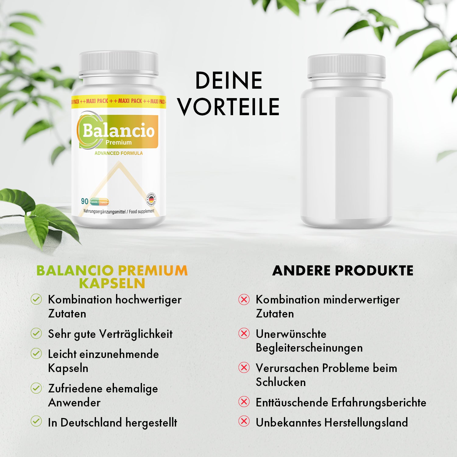 Comparison of Balancio Premium capsules and other products, including their advantages and disadvantages.