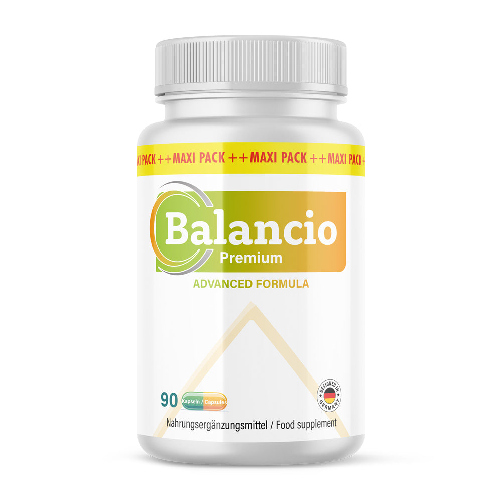 White tin of Balancio Premium Advanced Formula dietary supplement containing 90 capsules