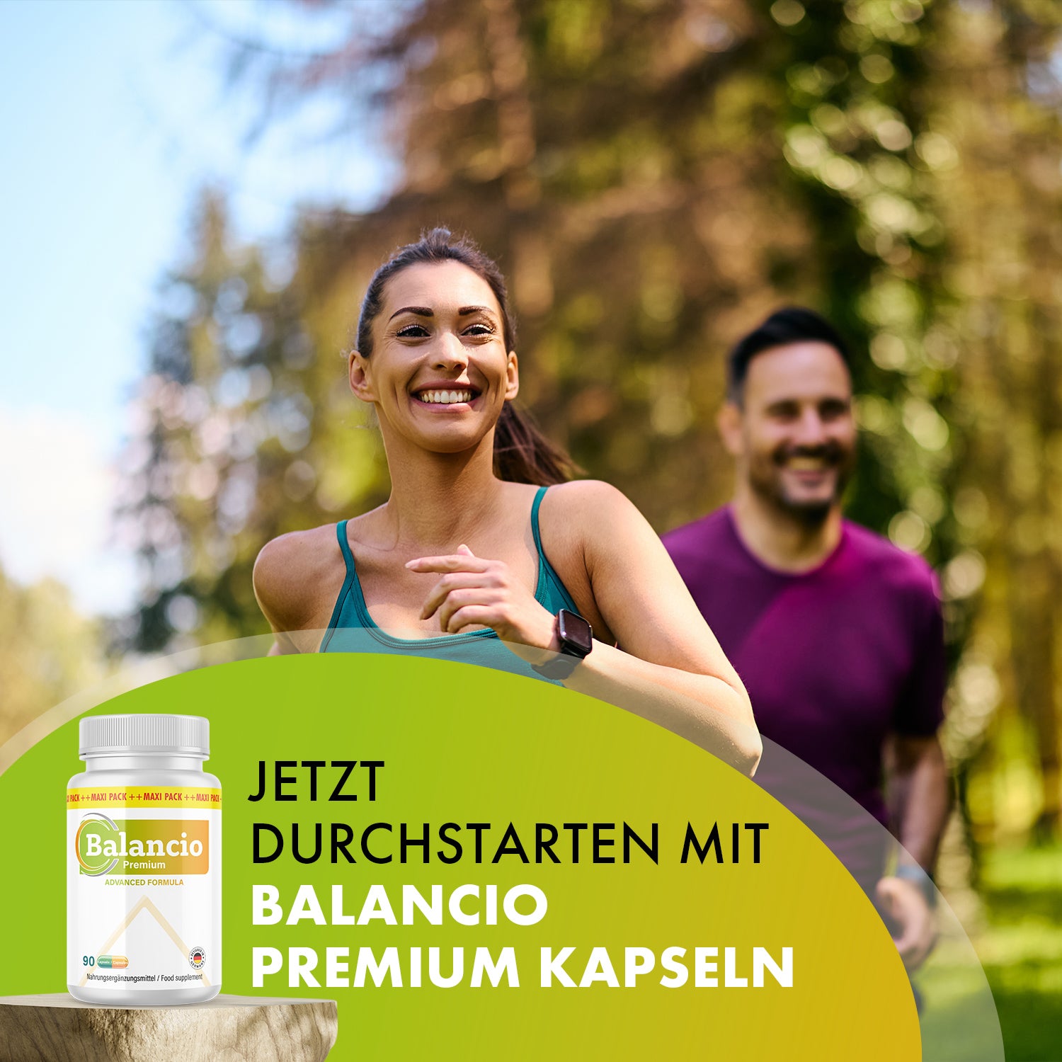 Jogging woman and man in the park with Balancio Premium can and text. Get started now!