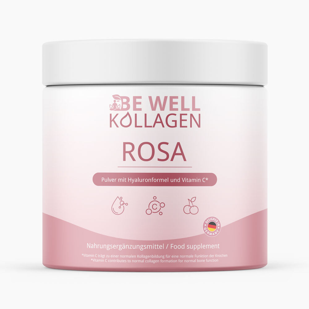 Be Well Kollagen Rosa Dose mit Rosa Etikett sowie Hinweis auf Hyaluronformel und Vitamin C