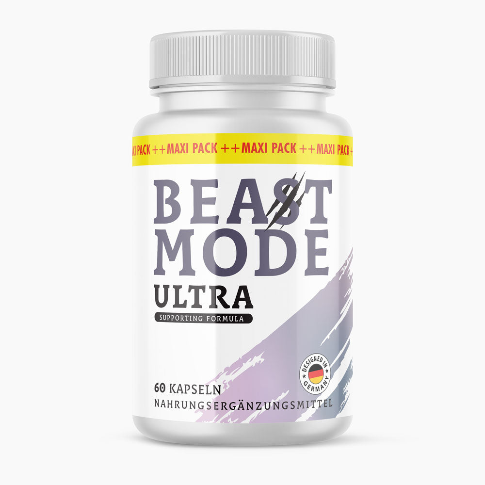 White plastic container with grey lid and the inscription "Beast Mode Ultra Supporting Formula 60 Capsules"
