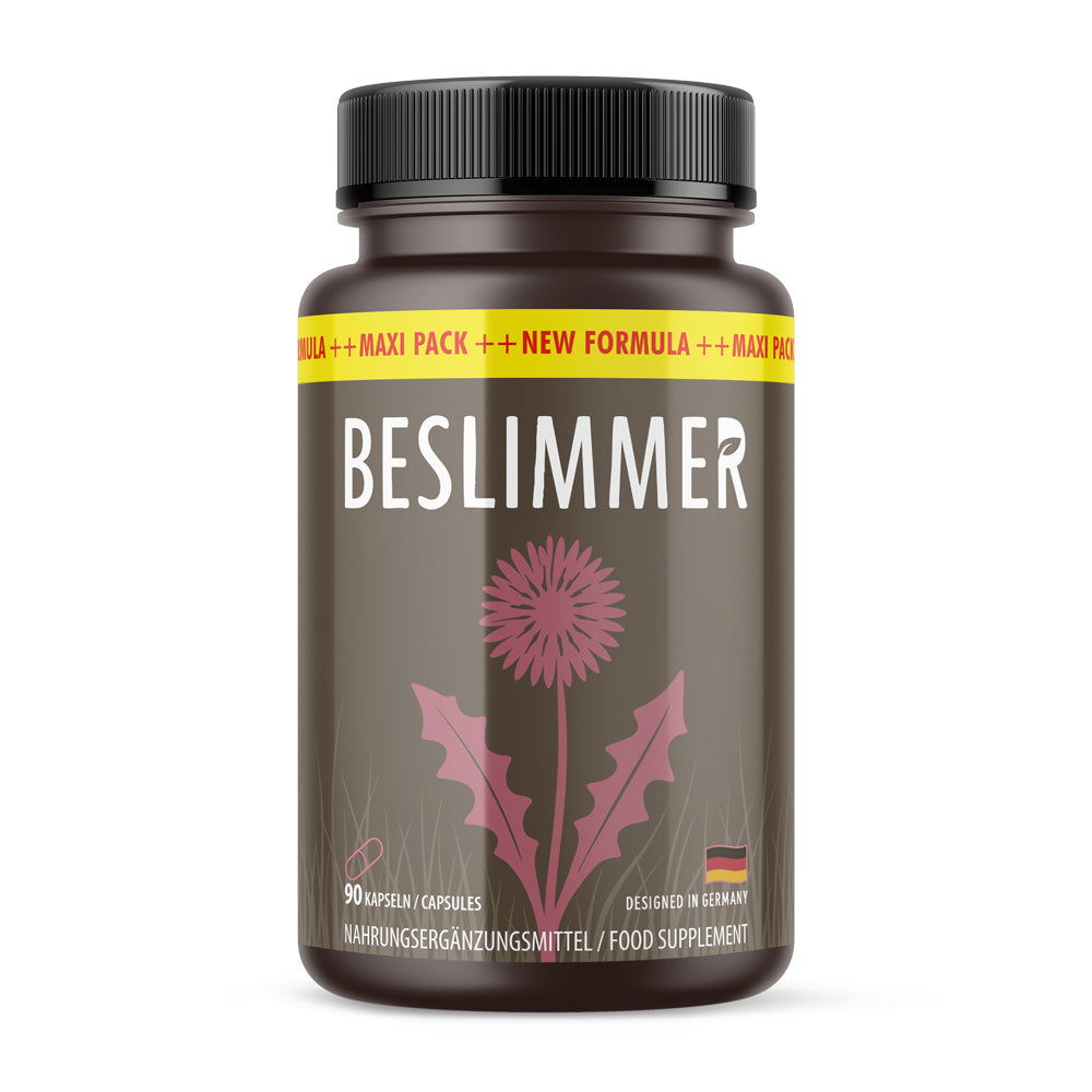 Braune Kunststoffdose mit pinkem Pflanzenmotiv und Schrift Beslimmer, 90 Kapseln