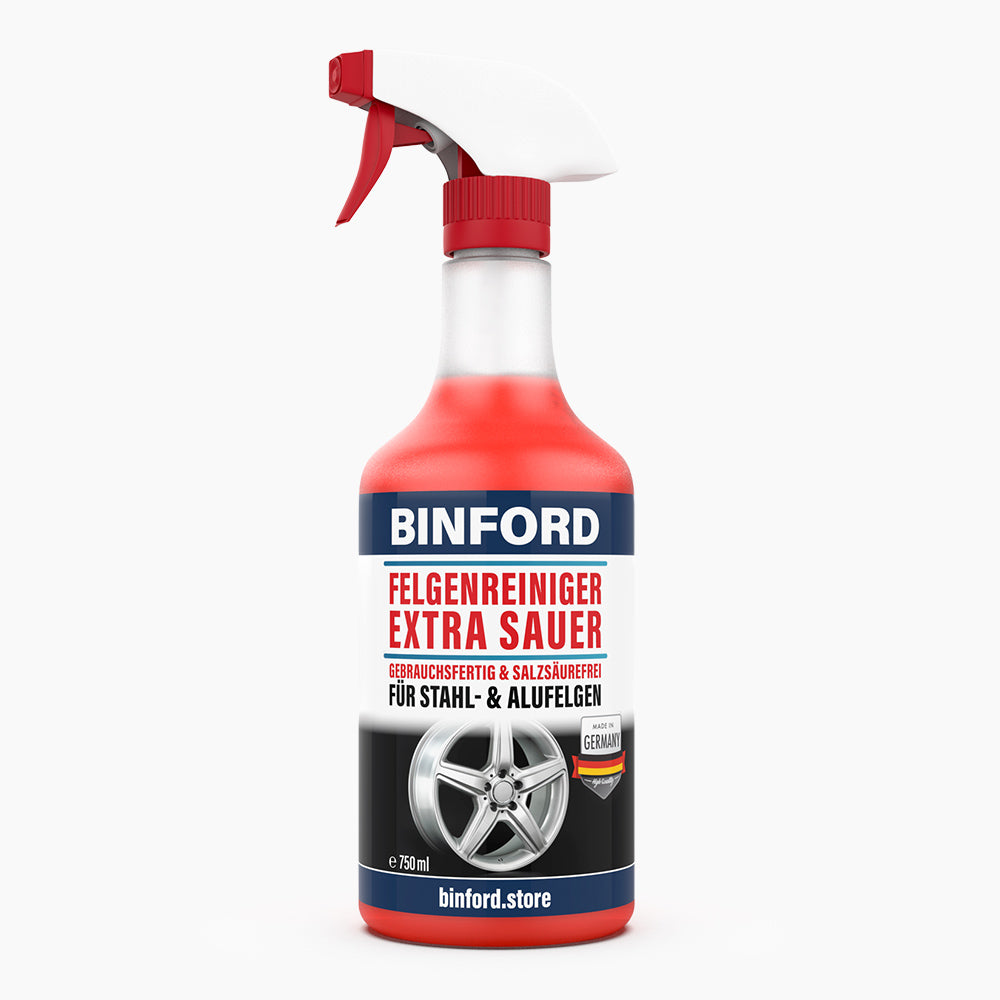 Sprühflasche mit roter Flüssigkeit und Etikett Binford Felgenreiniger Extra Sauer 750 ml