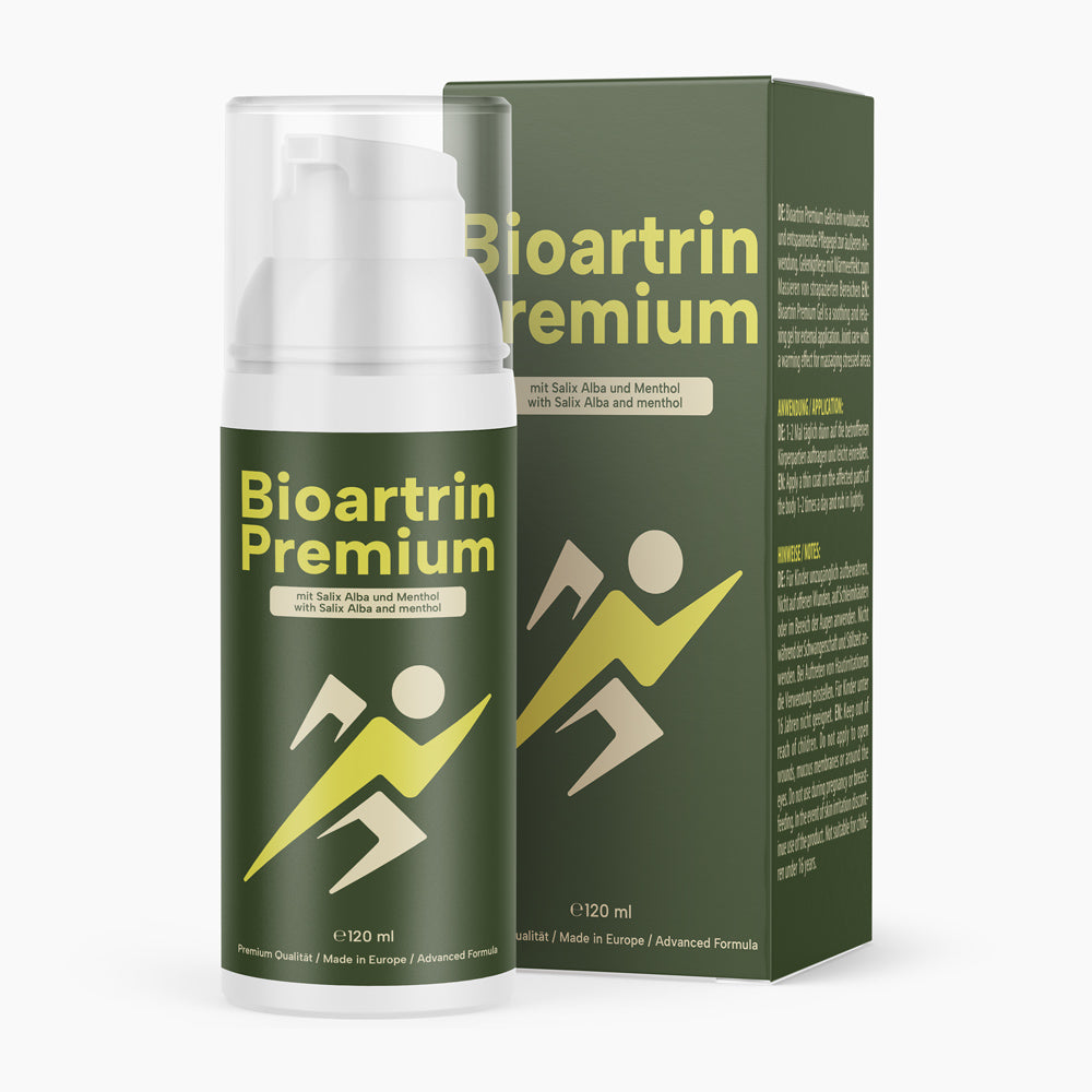 Bioartrin Premium Gel mit Pumpflasche und Verpackung, Muskelgel mit Salix Alba und Menthol, 120 ml
