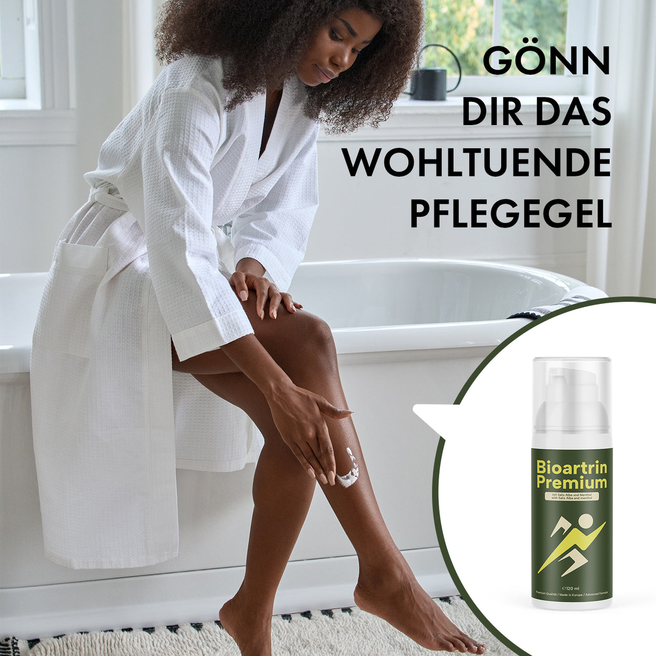 Person im Bademantel trägt Creme auf Bein auf, daneben Flasche Bioartrin Premium