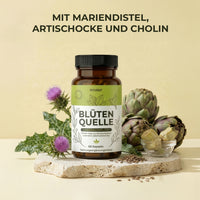 Thumbnail for Biovana Blütenquelle mit Mariendistel, Artischocken und Cholin als Produktinszenierung gezeigt