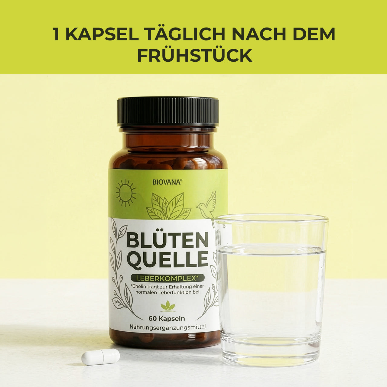 Biovana Blütenquelle vor hellem Hintergrund mit Wasserglas, Kapsel und Hinweis zur Einnahme