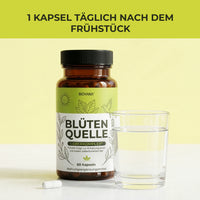 Thumbnail for Biovana Blütenquelle vor hellem Hintergrund mit Wasserglas, Kapsel und Hinweis zur Einnahme