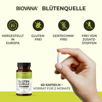 Thumbnail for Biovana Blütenquelle mit Kapsel in Hand sowie Icons zu Europa, glutenfrei und gentechnikfrei