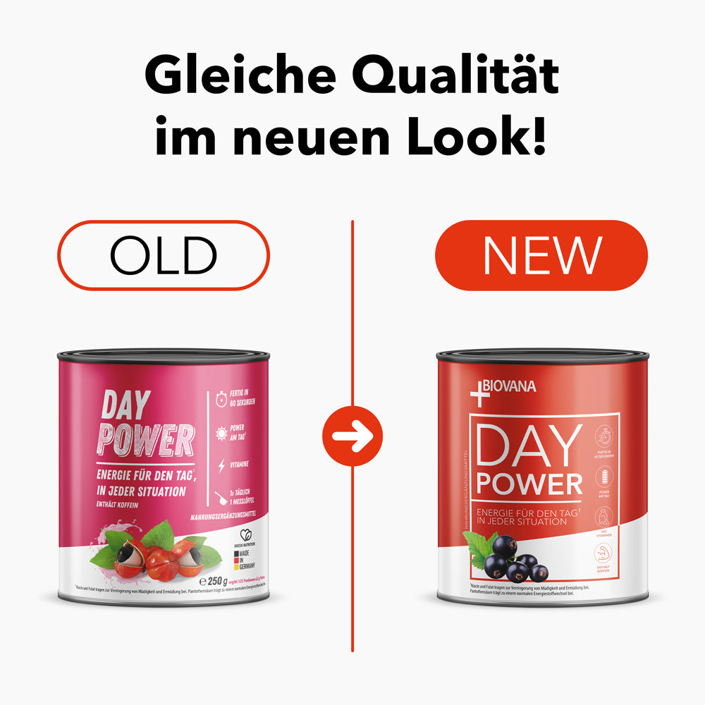 Alte und neue Verpackung Day Power nebeneinander mit Text - Gleiche Qualität im neuen Look