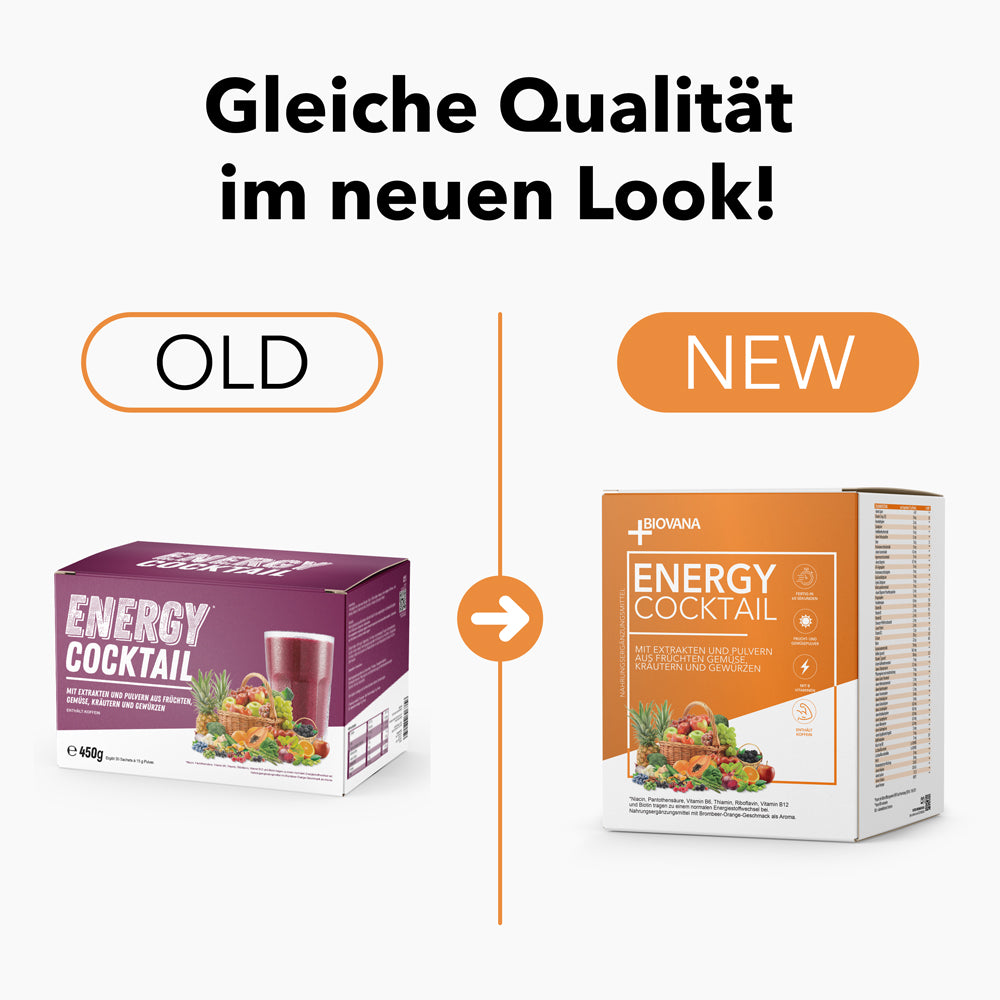 Alte und neue Verpackung Energy Cocktail nebeneinander mit Text Gleiche Qualität im neuen Look