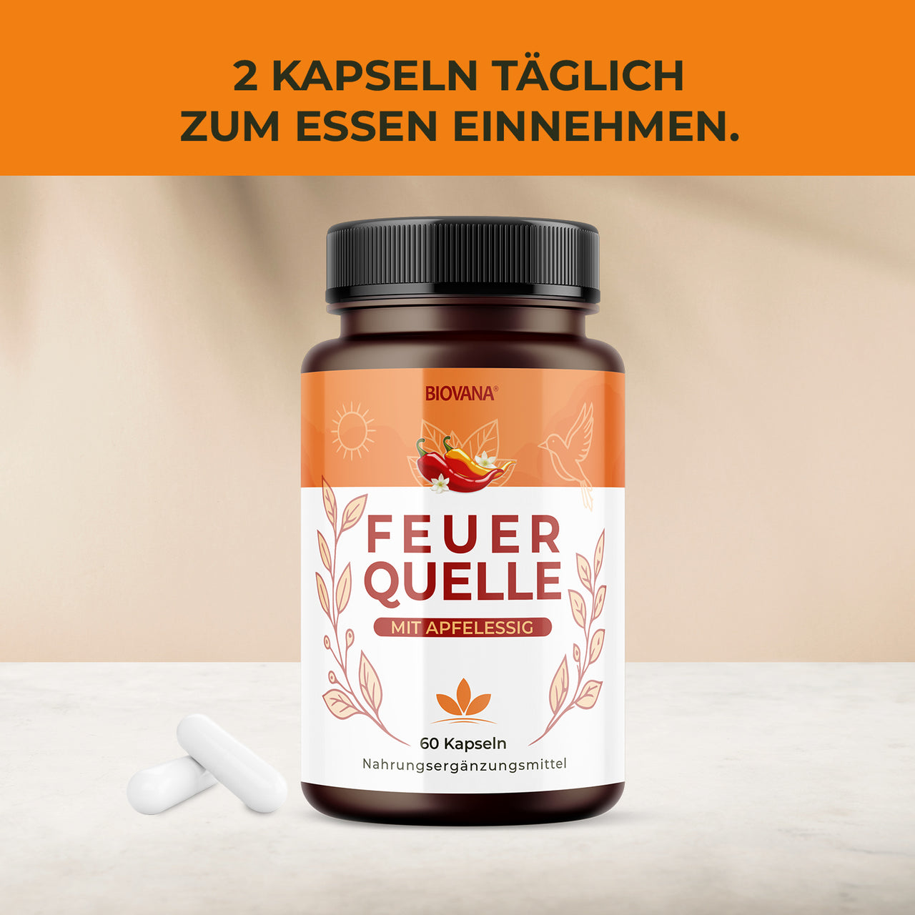 Biovana Feuerquelle Apfelessig-Kapseln mit Produktdose und Einnahmehinweis auf orangefarbenem Banner