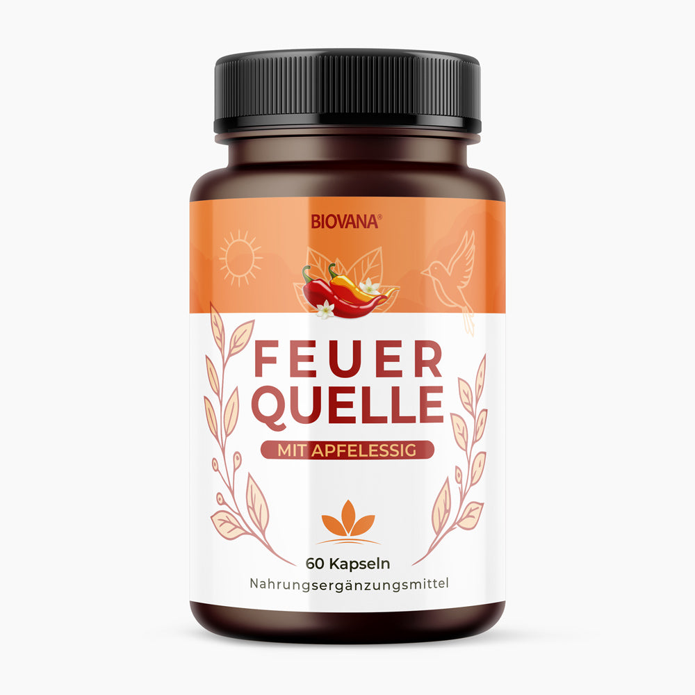 Braune Dose Biovana Feuerquelle mit Aufschrift Mit Apfelessig und 60 Kapseln