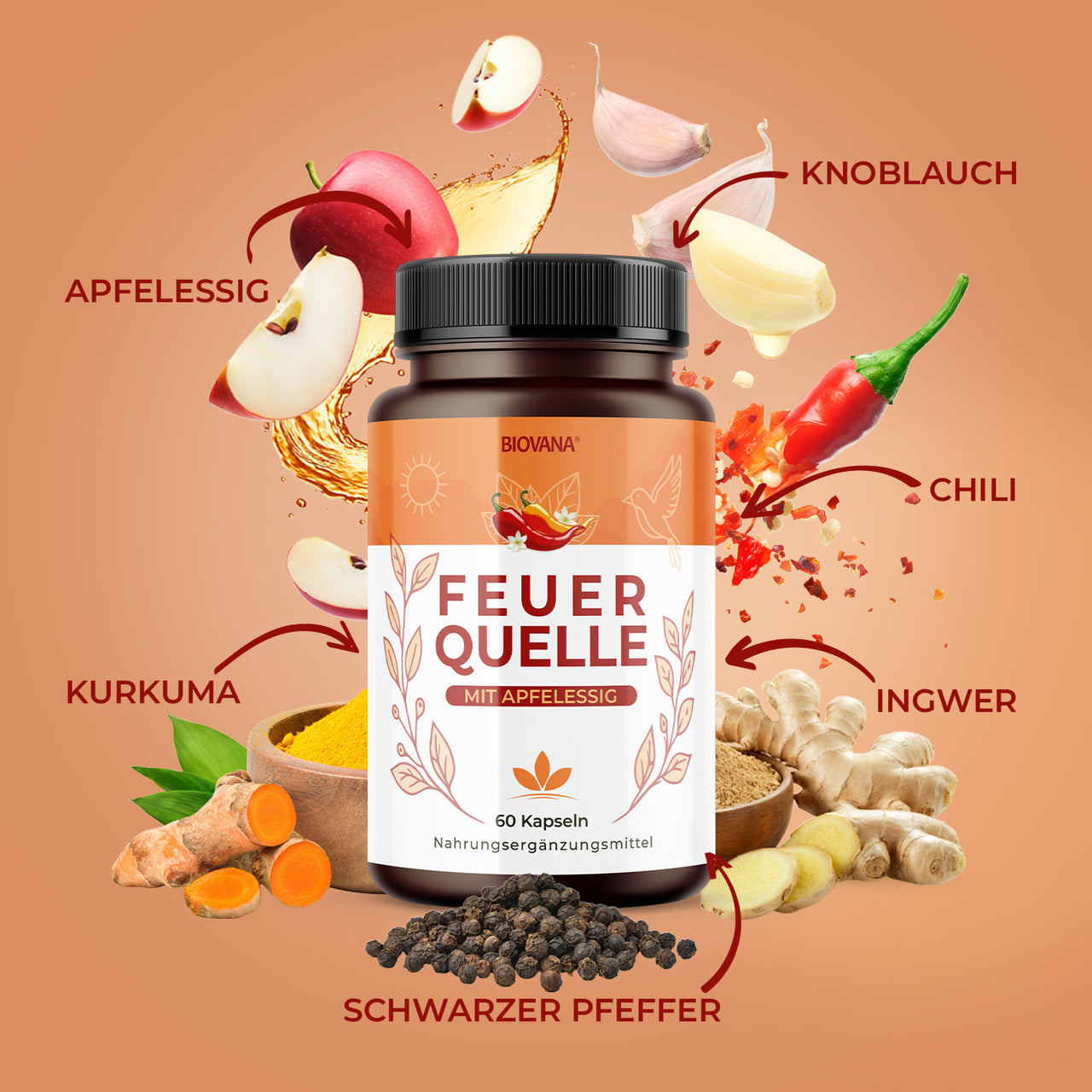 Fire Source can with illustrations of apple cider vinegar, garlic, chili, ginger, turmeric and pepper