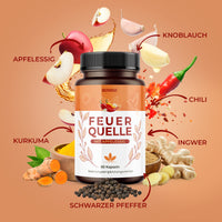 Thumbnail for Feuer Quelle can with images of apple cider vinegar, garlic, chili, ginger, turmeric and pepper.