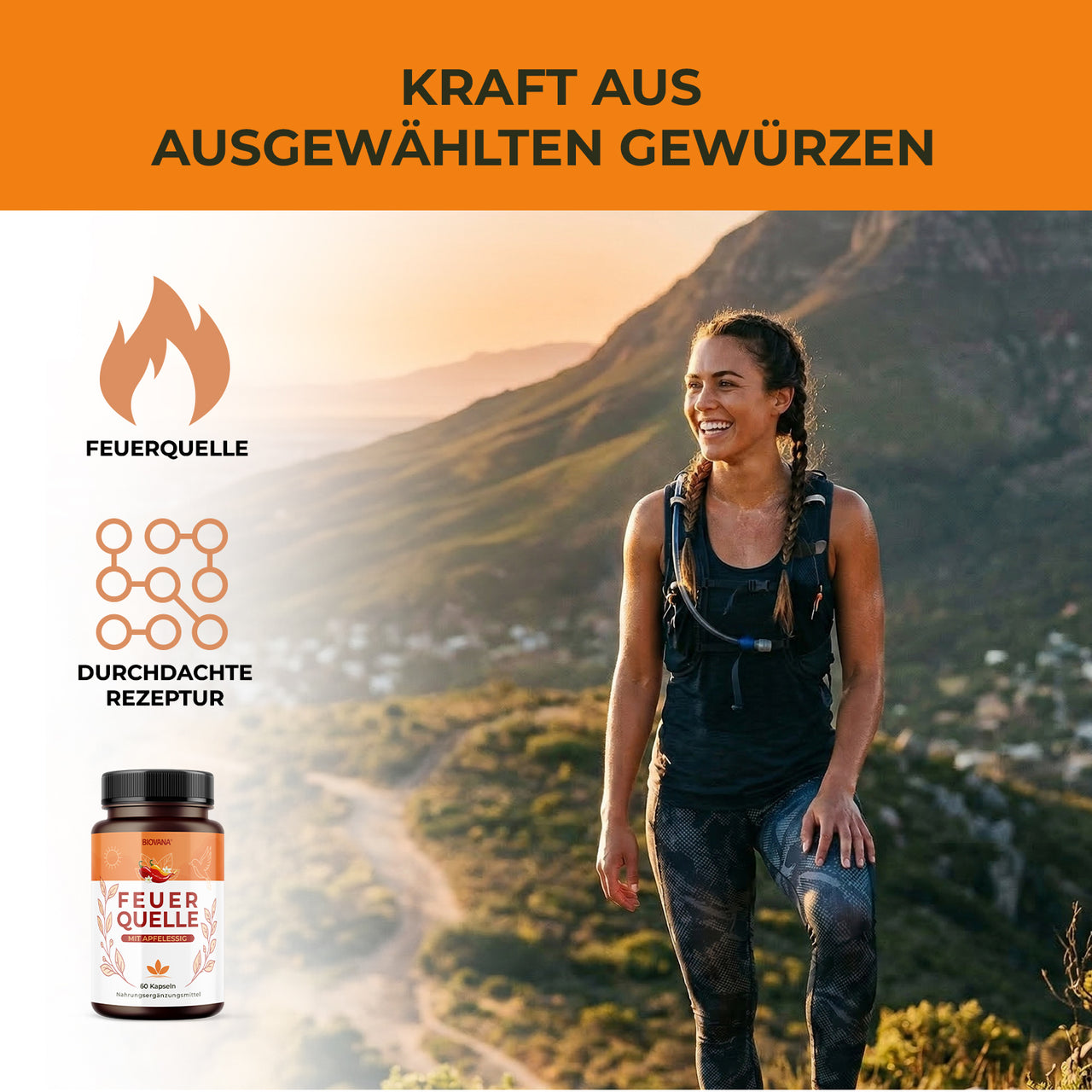 Biovana Feuerquelle product image with hiker, spice complex and reference to well-thought-out recipe