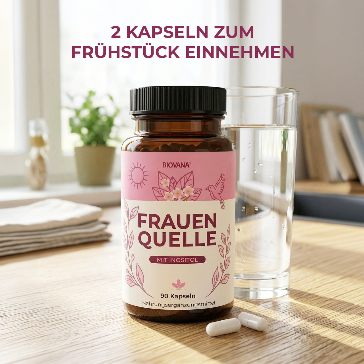 Biovana Frauenquelle Inositol-Kapseln mit Hinweis 2 Kapseln zum Frühstück, Wasserglas und Tisch