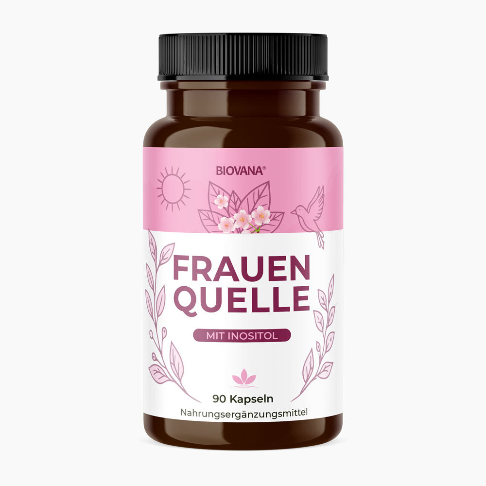 Produktbild von Biovana Frauenquelle mit Inositol, rosa Etikett und 90 Kapseln in brauner Dose