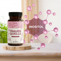 Thumbnail for Biovana Frauenquelle Dose mit Inositol-Schriftzug, rosa Molekülstruktur und Pflanze im Hintergrund