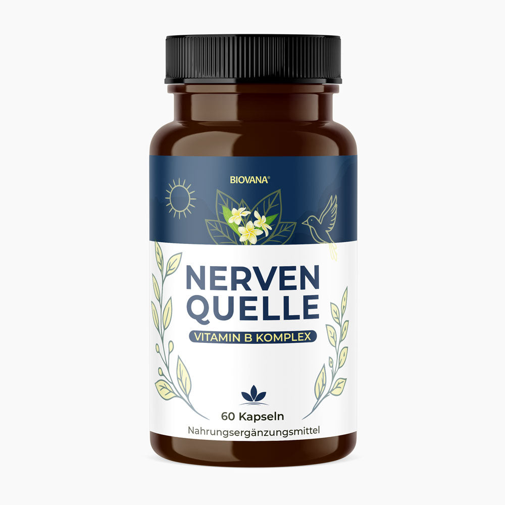 Braune Kunststoffdose Biovana Nervenquelle mit Vitamin B Komplex und 60 Kapseln