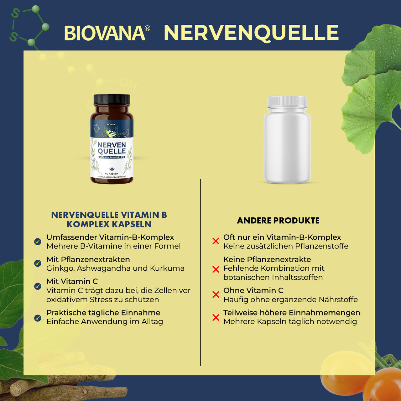 Biovana Nervenquelle Kapseln neben anderen Produkten, mit Vorteilen und Inhaltsstoffhinweisen