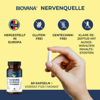 Thumbnail for Biovana Nervenquelle mit 60 Kapseln neben Hand mit Kapsel und vier blauen Symbolen