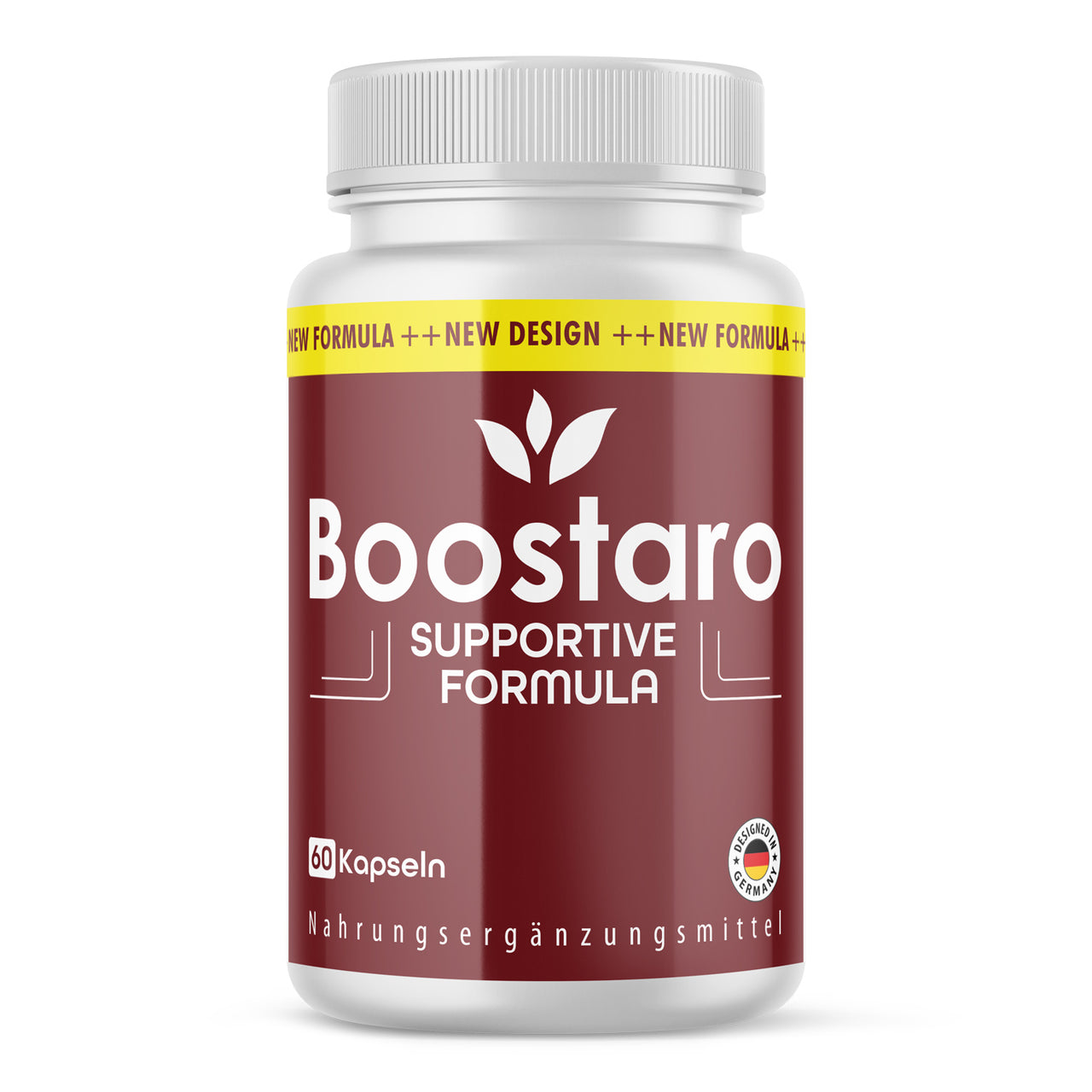 Kunststoffdose mit bordeauxfarbenem Etikett und Schrift Boostaro Supportive Formula, 60 Kapseln