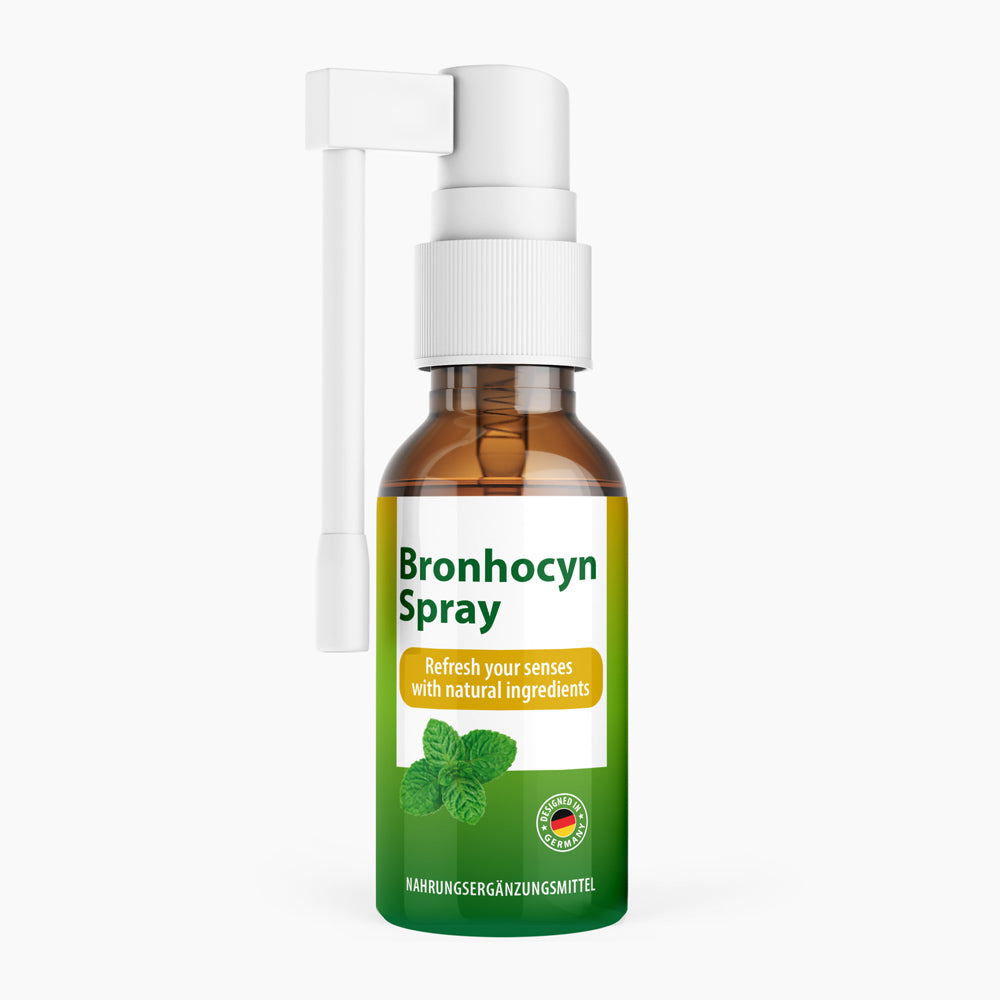 Braune Flasche mit weißem Sprühkopf und grünem Etikett Bronhocyn Spray mit Minzabbildung