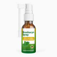 Thumbnail for Braune Flasche mit weißem Sprühkopf und grünem Etikett Bronhocyn Spray mit Minzabbildung