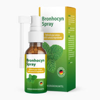 Thumbnail for Braune Flasche mit weißem Sprühkopf und grünem Etikett Bronhocyn Spray vor passender Faltschachtel mit Minzabbildung