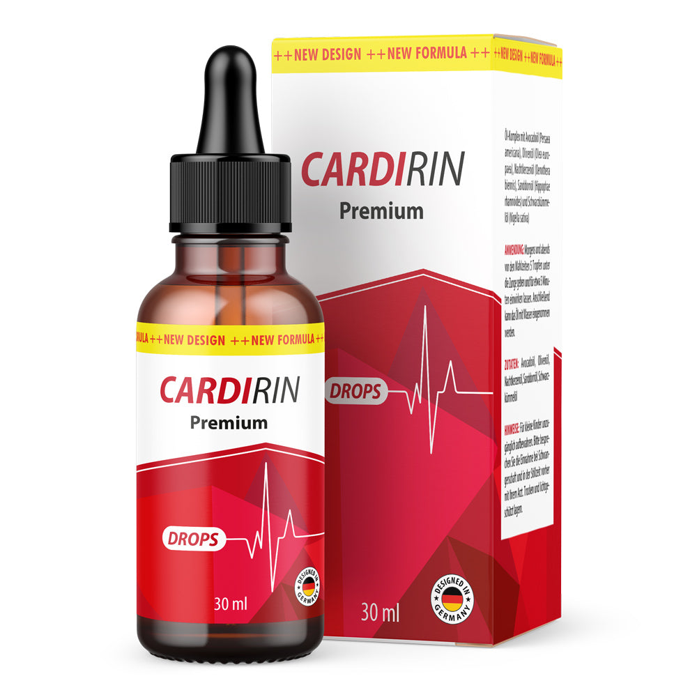Braune Flasche mit Pipette und rotem Etikett Cardirin Premium mit 30 ml vor passender Faltschachtel mit Herzlinie