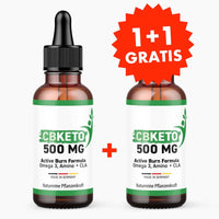 Thumbnail for Braune Flaschen mit grünem Etikett CBKETO 500 MG Active Burn Formula vor weißem Hintergrund mit rotem 1+1 Gratis Symbol