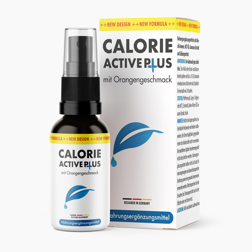 Flasche mit Sprühkopf Calorie Active Plus mit Orangengeschmack vor passender Faltschachtel