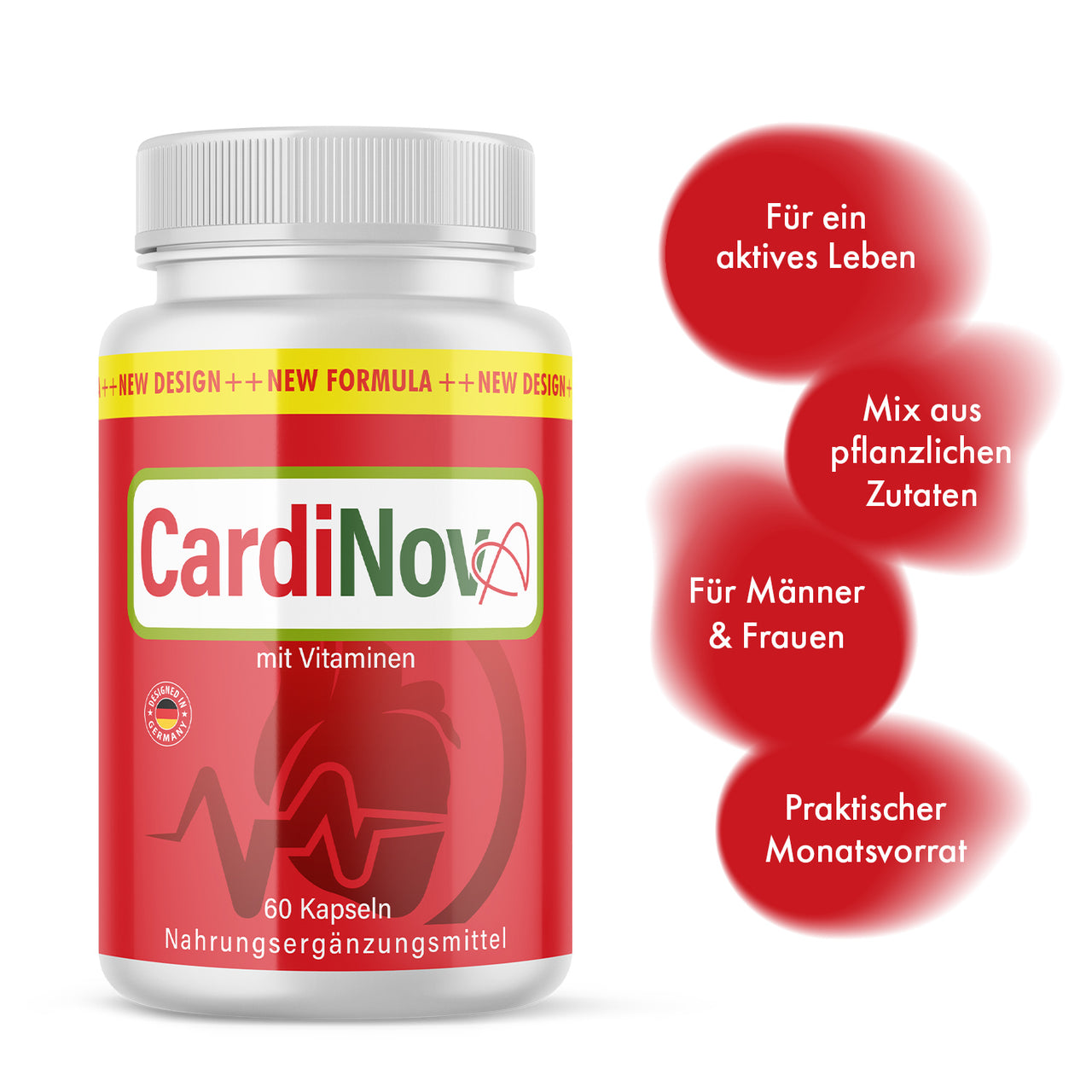 CardioNova bottle with vitamins, 60 capsules, red graphics with product information