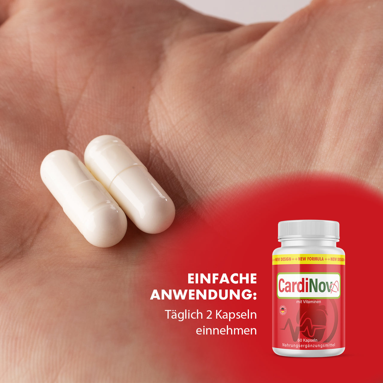Hand holding two white capsules, text: daily intake of 2 capsules, CardioNova dose