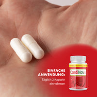 Thumbnail of hand with two white capsules, text: daily intake of 2 capsules, CardioNova dose