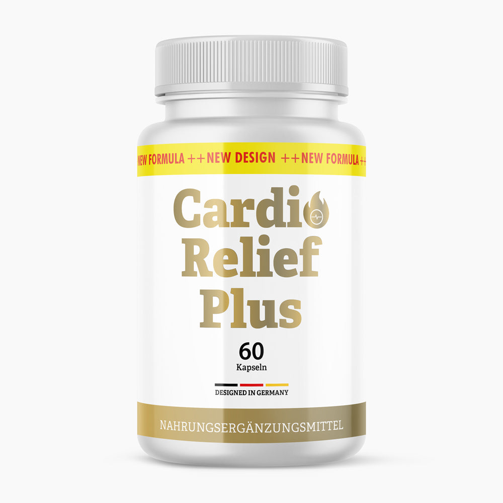 Weiße Cardio Relief Plus Dose mit goldfarbenem Etikett und Hinweis auf 60 Kapseln