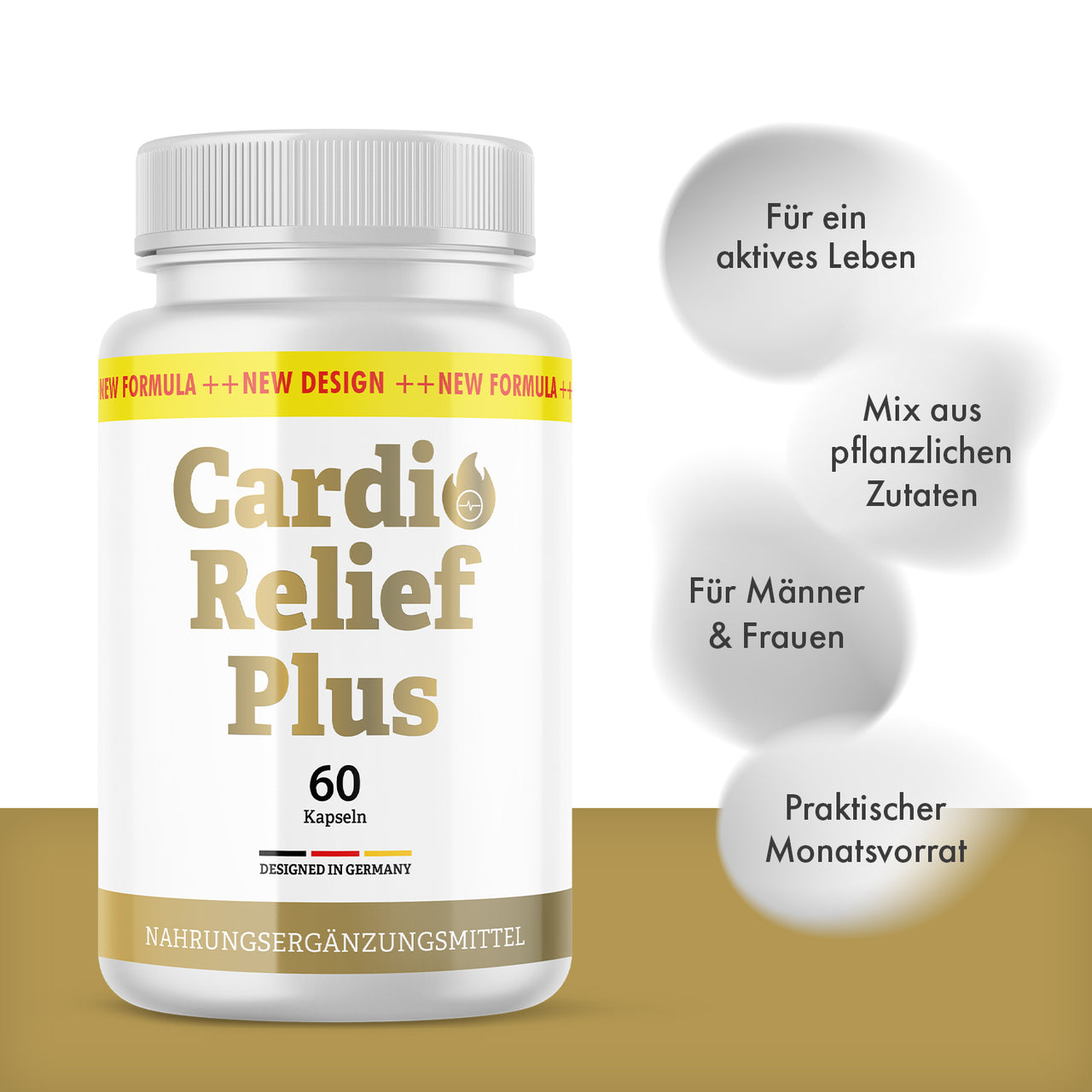 Cardio Relief Plus Dose mit 60 Kapseln und vier grauen Infokreisen zu Produktmerkmalen