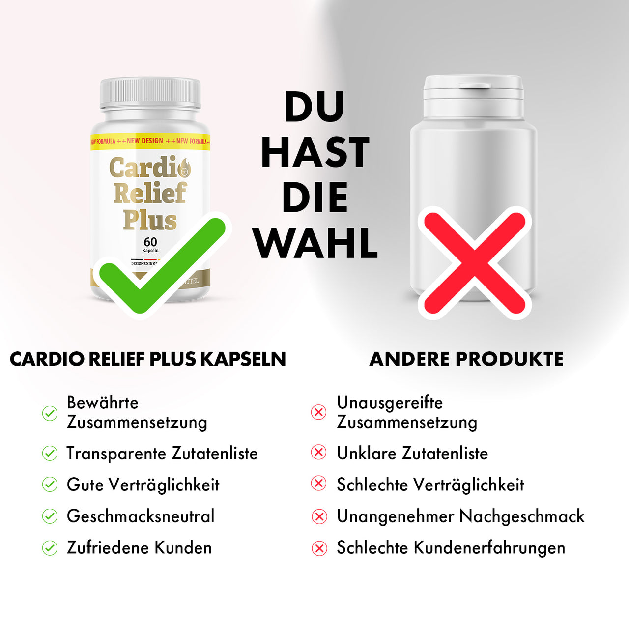Vergleichsgrafik Cardio Relief Plus Kapseln links und andere Dose rechts mit Bewertungssymbolen