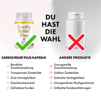 Thumbnail for Vergleichsgrafik Cardio Relief Plus Kapseln links und andere Dose rechts mit Bewertungssymbolen