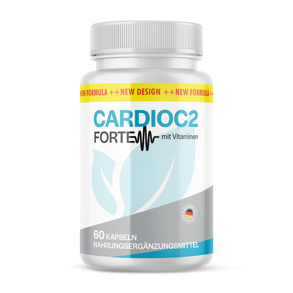 Weiße Dose Cardioc2 Forte mit blau-grauem Etikett und Aufschrift 60 Kapseln