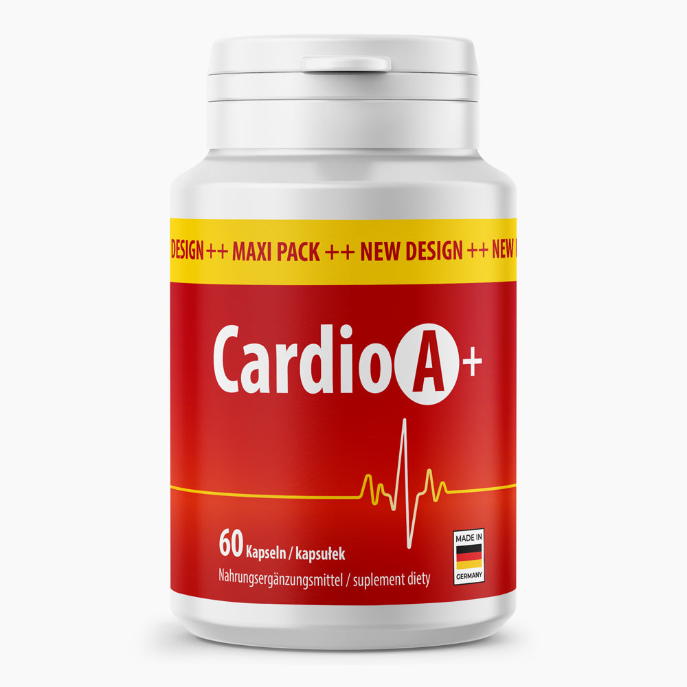 Weiße Kunststoffdose mit rotem Etikett Cardio A+ mit 60 Kapseln und stilisiert gezeigter Herzlinie