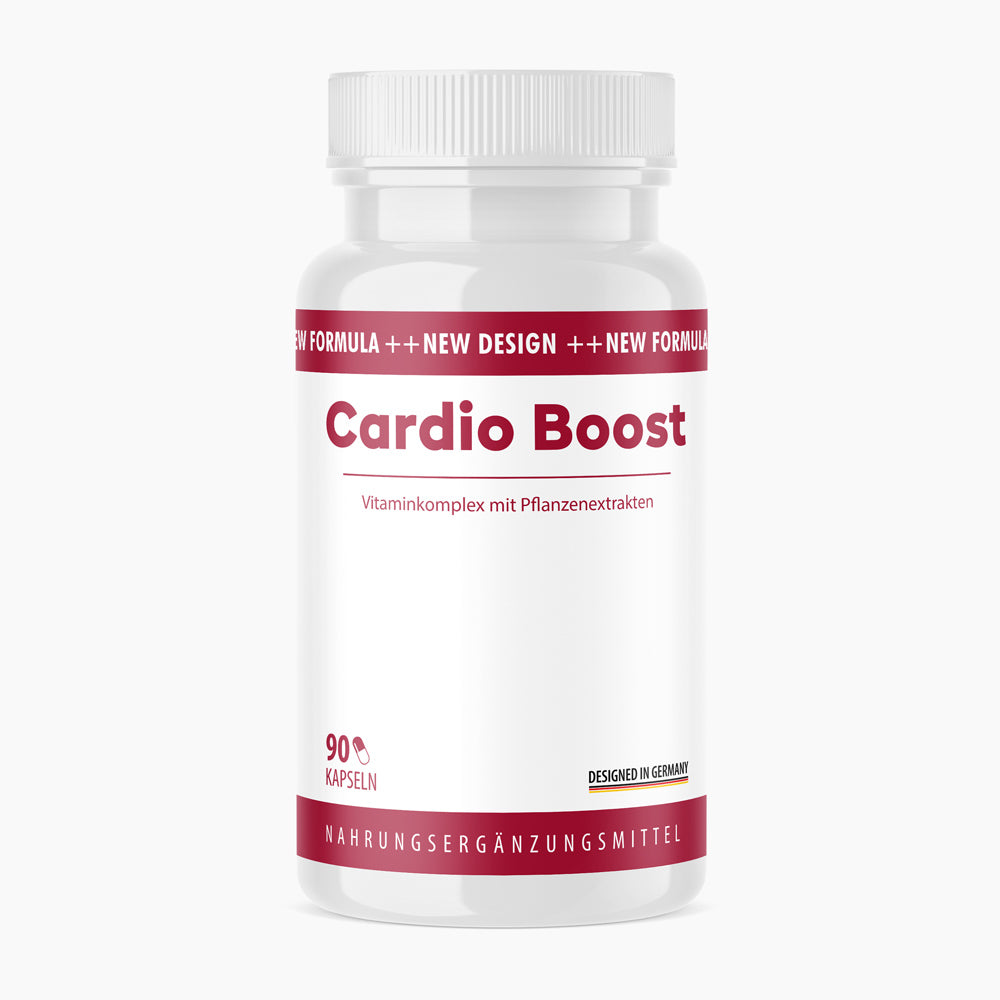 Dose mit roter Aufschrift Cardio Boost, 90 Kapseln, roter Streifen oben und unten auf dem Etikett